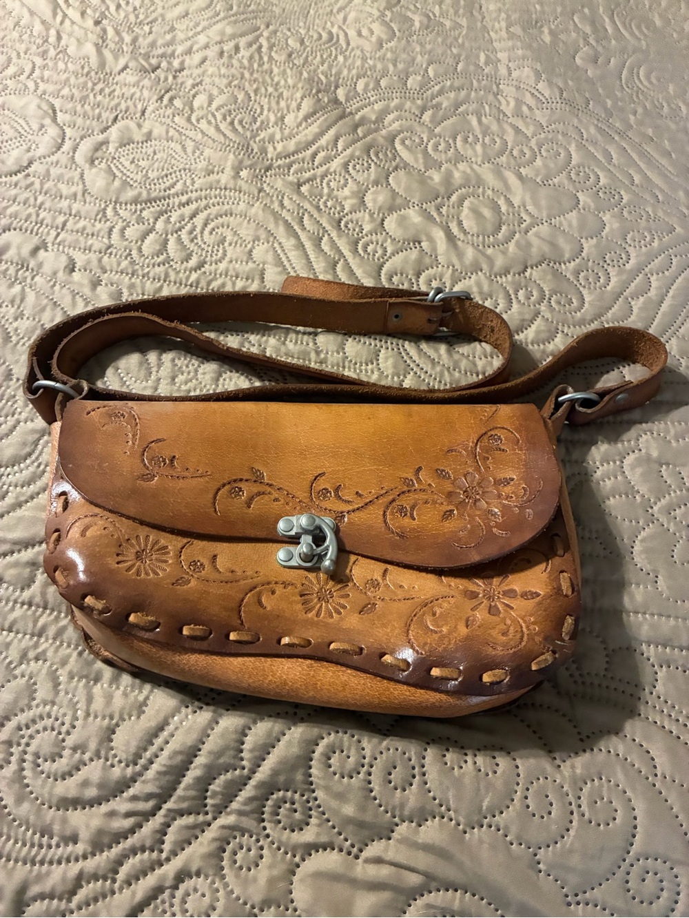 Hand-Tooled Leather Crossbody Bag in Tan